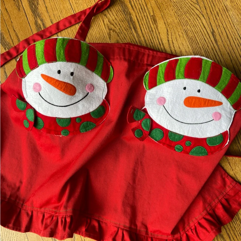 Snowman Apron with Pockets by Ritz Unisex Red Cotton Apron
